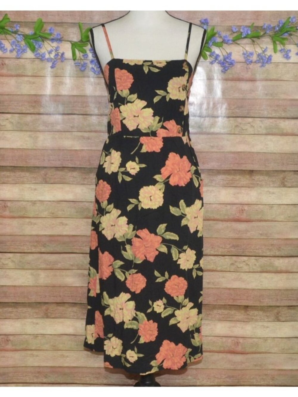 Xhilaration Black Floral Midi Summer Sun Dress Size M Pockets Boho Sleeveless